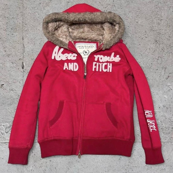 Abercrombie & Fitch Y2K Vintage Faux-Fur Trim Red Zip Hoodie - Picture 2 of 4